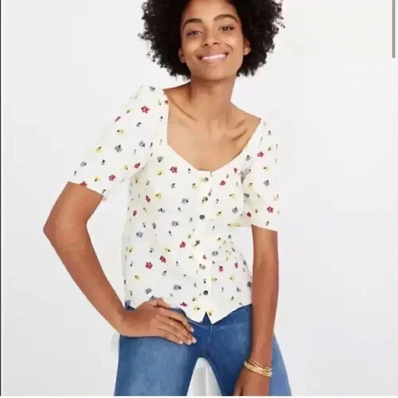 Madewell Floral Short Sleeve Ruched Button Up Top - Picture 1 of 6